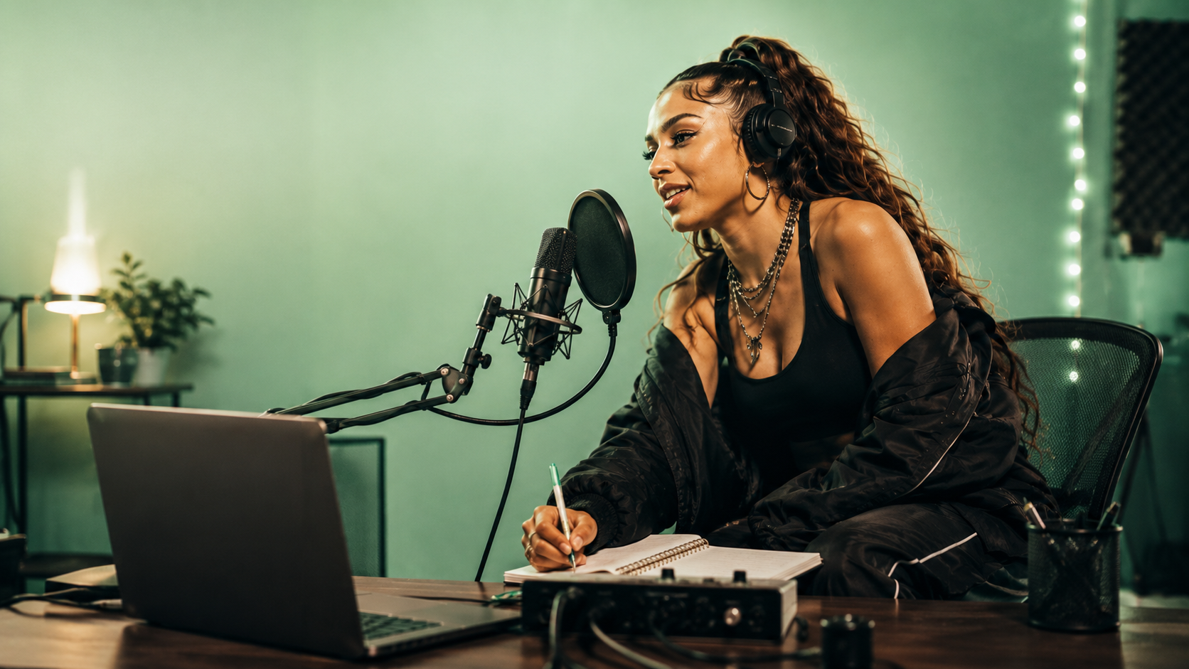Hip-hop female artist working in a home recording studio