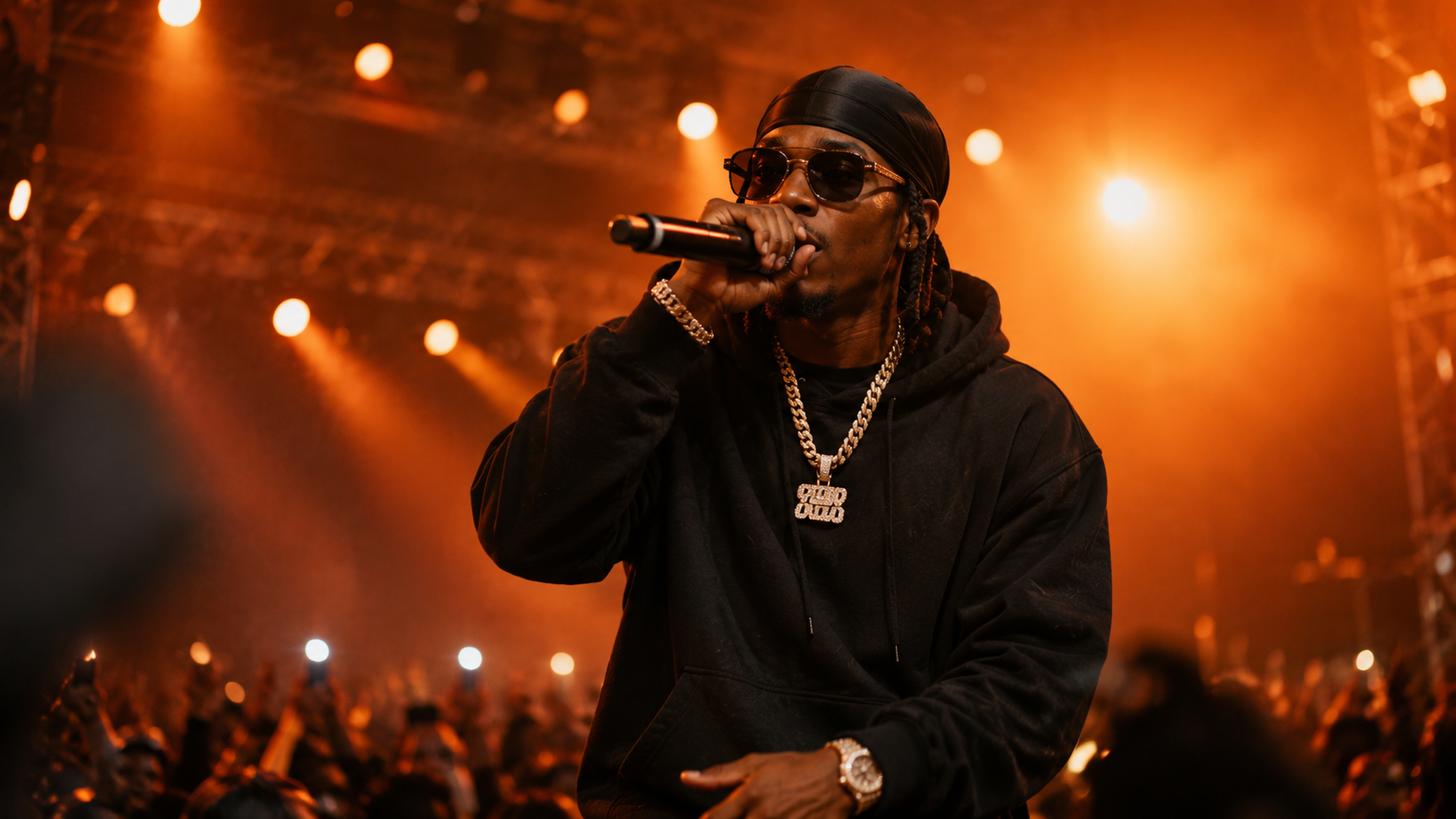 A rap artist following soundcloud algorithm wearing a black hoodie, durag, sunglasses, and jewelry performs on stage with a microphone in front of a blurred concert crowd, surrounded by warm orange stage lights and smoky live-show atmosphere