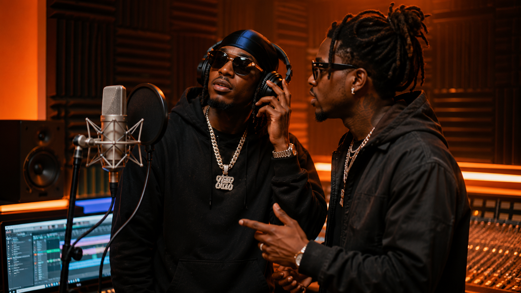Two rap artists stand together in a professional recording studio with a warm orange glow. One artist wears a black hoodie, durag, sunglasses, headphones, and chain while listening near a microphone, and the other artist, also in dark clothing and jewelry, stands beside him as they collaborate. Acoustic foam panels, studio monitors, a mixing console, and a computer screen are visible in the background.